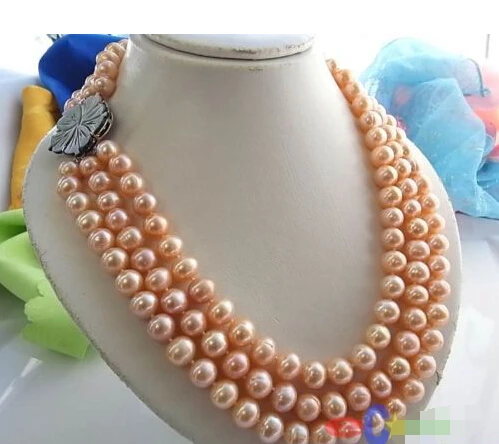 

FREE SHIPPING>>>@ 3ROW 11MM PINK ROUND FRESHWATER CULTURED PEARL NECKLACE SHELL p848 ^^^@^Noble style Natural Fine jewe hot new