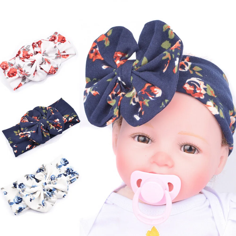 

2019 Autumn Winter New Baby Infants headbands Toddler Girls cotton printed flower headwraps hairbands Baby large bow Turban #15