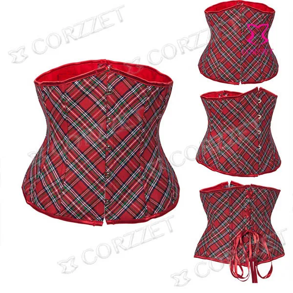 Красный Клетчатый корсет под грудь, на шнуровке, сзади, на талии, корсеты и бюстье, бурлеск, Школьный костюм для девочек, сексуальное готическое нижнее белье