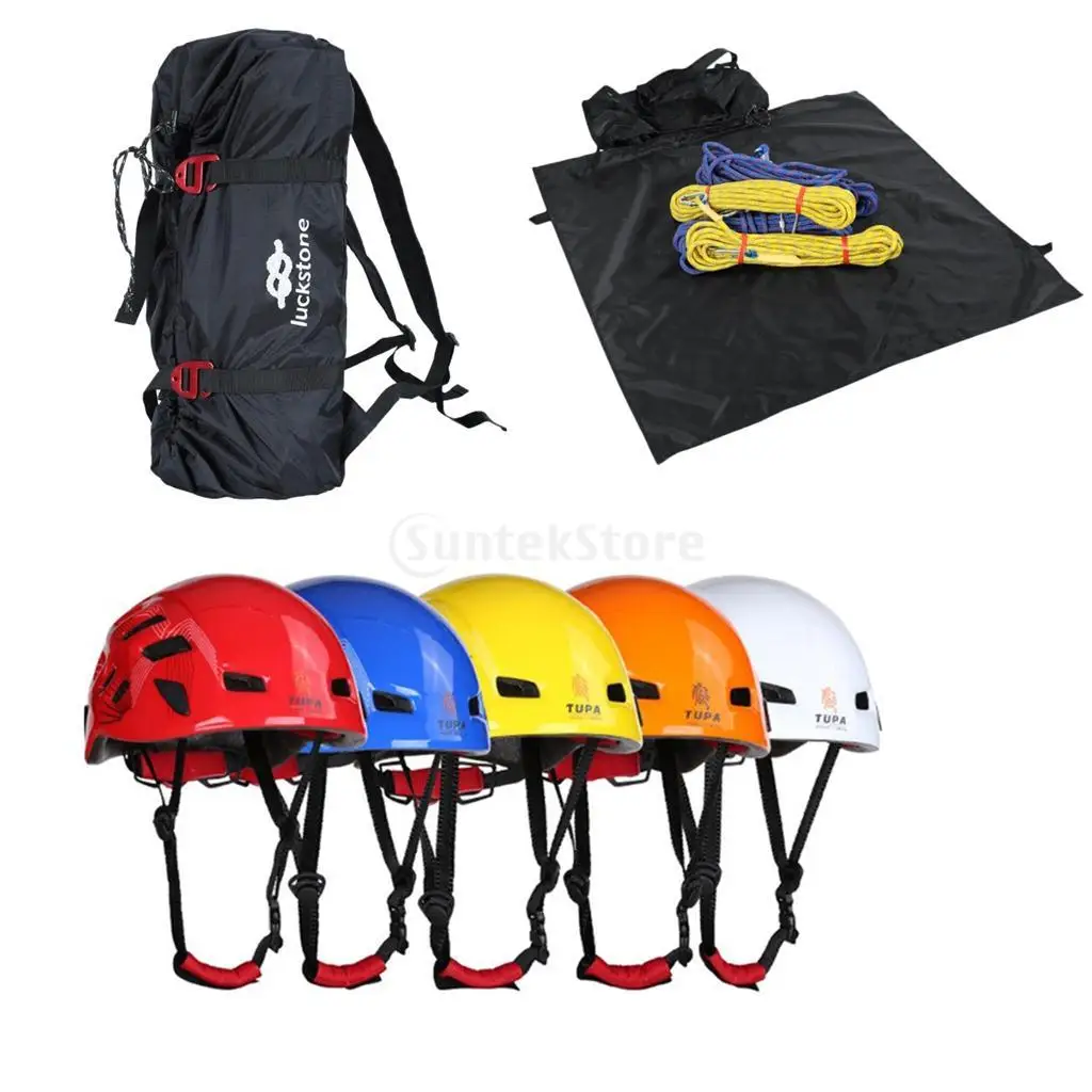 Folding Rock Climbing Arborist Caving Rappelling Rescue Rope Cord Bag Gear Equipment Carry Backpack + Safety Helmet Hard Hat