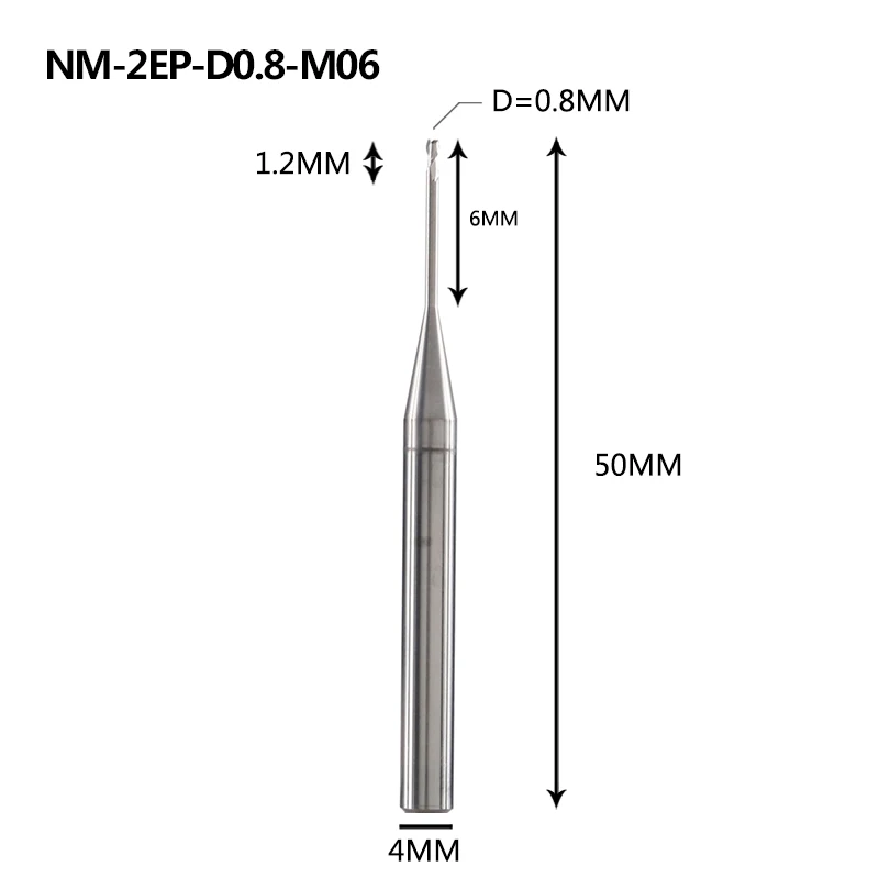 NM-2EP Вольфрамовая сталь 2 Флейта квадратная длинная шея с покрытием Концевая фреза Фрезерный резак режущие инструменты для меди и алюминиевого сплава - Длина режущей кромки: NM-2EP-D0.8-M06