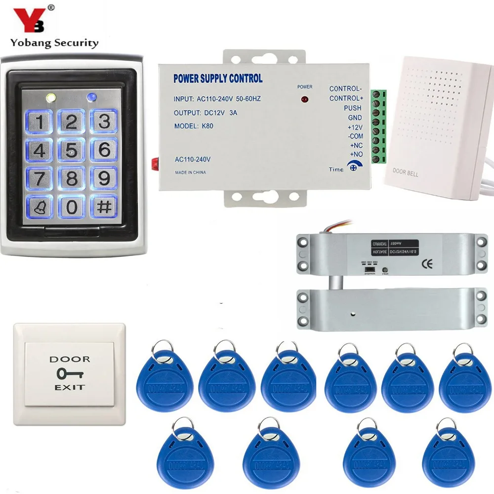 

Yobang Security RFID Metal Access Control Keypad Contactless Door Controller Electric Security Door Lock + Power Supply+Doorbell