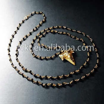 

New Natural rosary beads shark tooth necklace, full gold dipped shark tooth necklace 18inch long black beads chain necklace