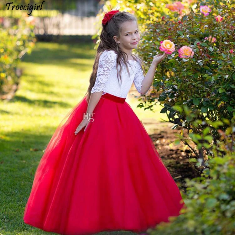69-1               Red White Princess Flower Girls Dresses Bateau Neck Half Sleeves Lace Tulle Floor Length Children Wedding Holiday Party Dresses