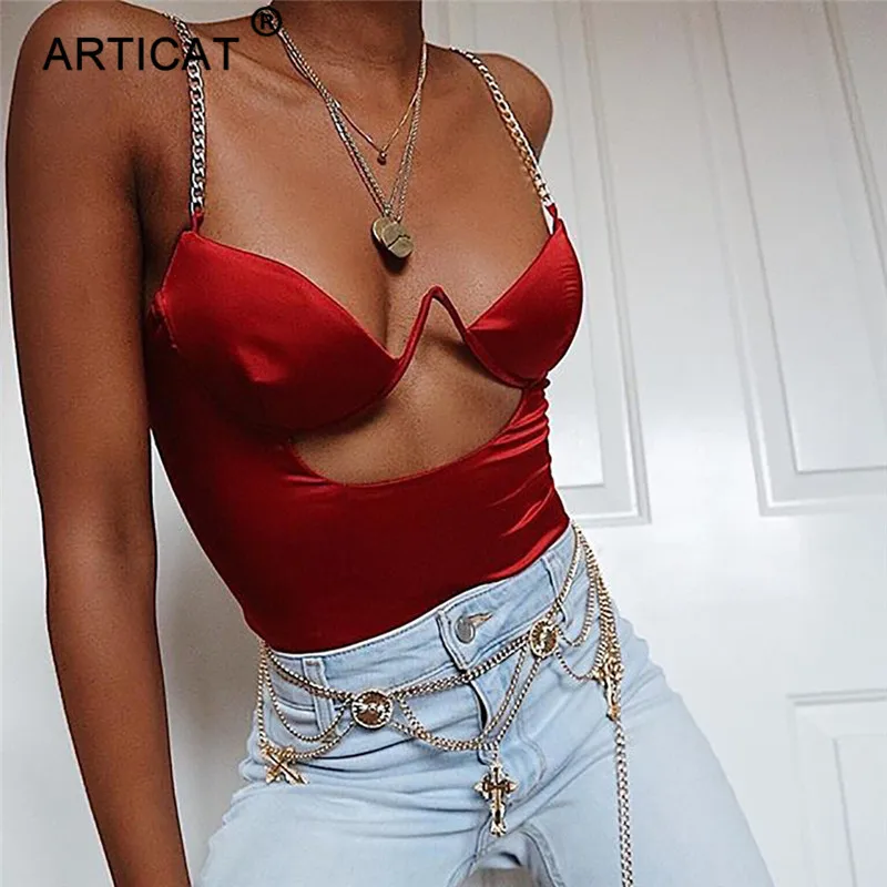 Articat الجوف خارج سلاسل حزام مثير ارتداءها النساء V الرقبة ضئيلة Bodycon عارية الذراعين رومبير النساء عارضة الشاطئ داخلية وزرة