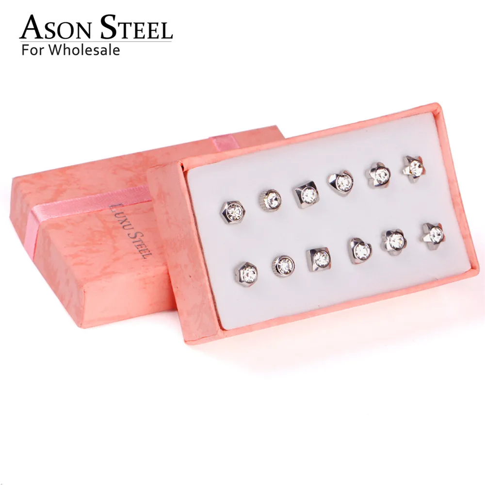 SILVER ASONSTEEL, минималистичные серьги, Круглые, кубический цирконий, с золотом, антиаллергенные, 6 пар/кор., пуш-ап, серьги-гвоздики, для офисных женщин - Окраска металла: SILVER