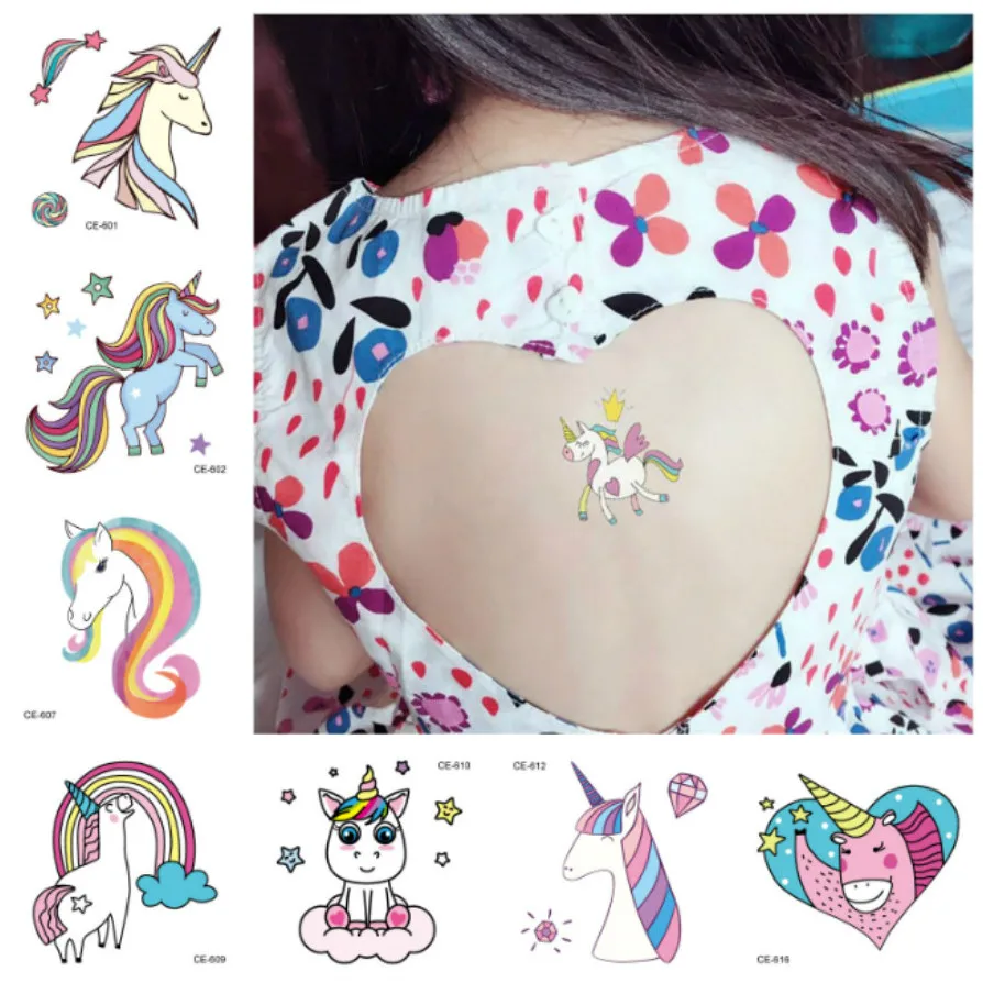 

Colorful Cartoon Rainbow Unicorn Temporary Tattoo Sticker Women Minimalist Lines Pattern Body Art New Design Girls Fake Tattoos