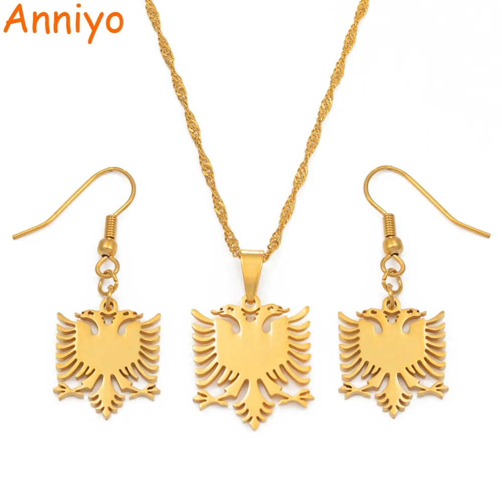 

Anniyo SMALL Albania Eagle Necklaces Earrings Sets Gold Color & Stainless Steel Jewelry Ethnic Gifts for Women Girls #074921