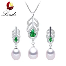 Линдо Для женщин свадебные высокий блеск натуральным пресноводных Ювелирные украшения с жемчужинами AAA Циркон 925 пробы Серебряные серьги Цепочки и ожерелья комплекты