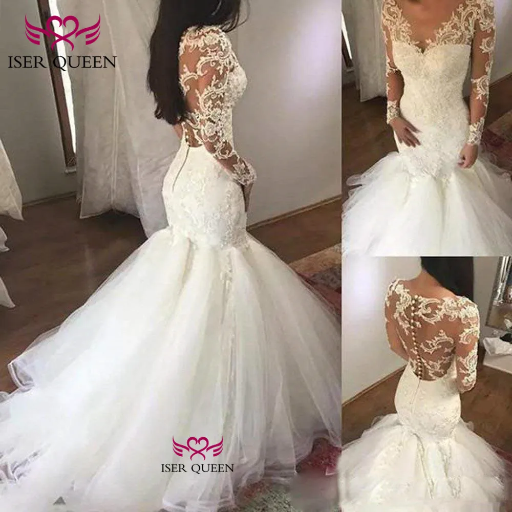 Длинные рукава с очаровательной вышивкой кружева на сетке Vestidos De Novia сзади дизайн пуговиц Иллюзия Русалка w0579