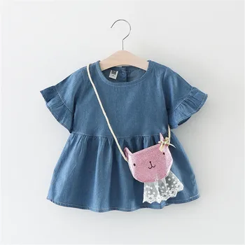 

Cute Baby Girls Denim Dress Sleeve Cartoon Cat Lace Bag Kids Princess Dress Children Denim Girls Party Dresses Summer