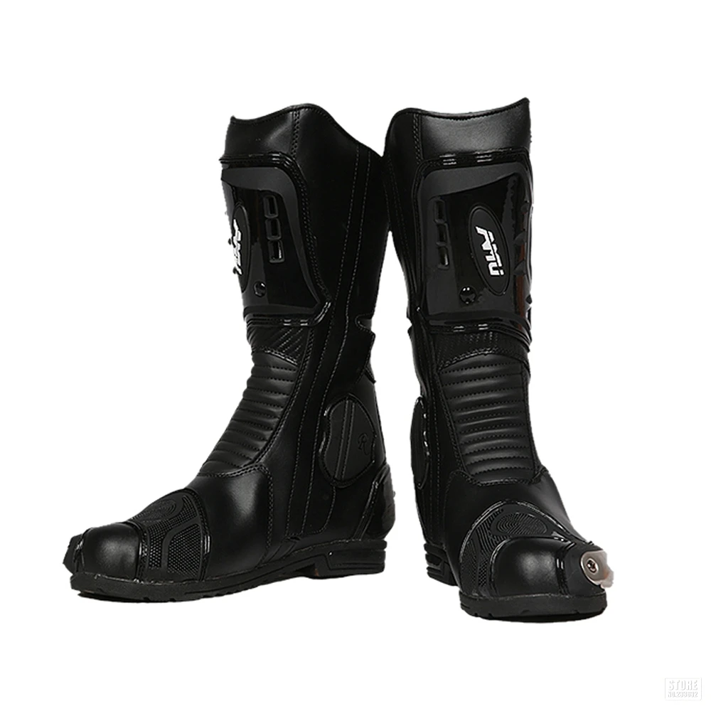 AMU/мотоциклетные ботинки из микрофибры; кожаные ботинки для мотокросса; мужские водонепроницаемые ботинки в байкерском стиле; Botas Moto; Цвет Черный