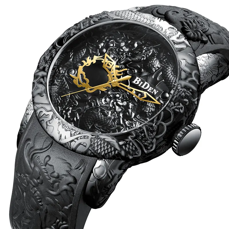 Черные мужские часы модные с 3D Гравировкой Дракон Relogio Masculino роскошные Топ бренд кварцевые часы водонепроницаемые спортивные мужские часы