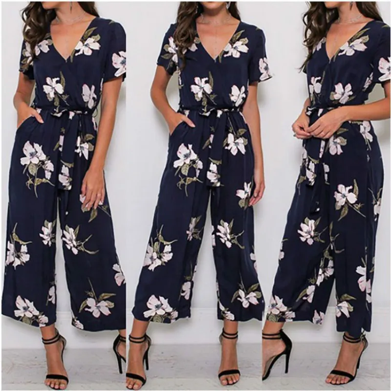 Plus Size Jumpsuit Streetwear Jumpsuits 2019 Fashion Nova Woman Floral Print V Neck Moda Mujer 2019 Short Sleeve Xxxxl Xxxxxl