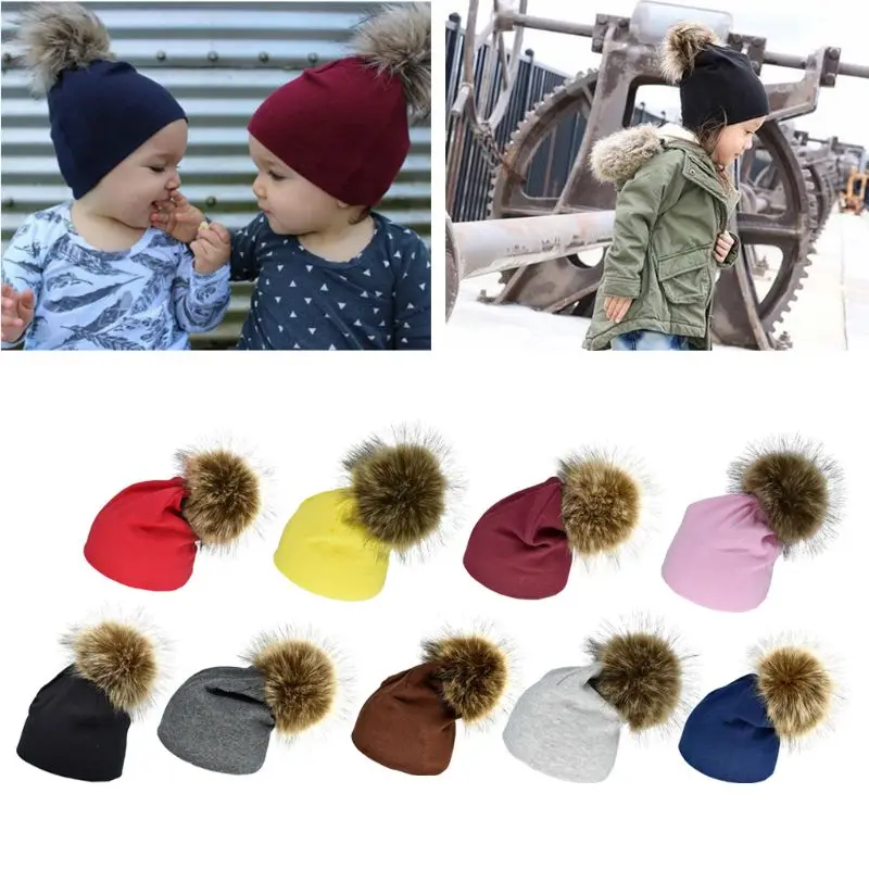 

2018 Kids Hat Autumn Winter Fashion Solid Soft Cotton Baby Boys Girls Beanie Fur Pom Pom Hat