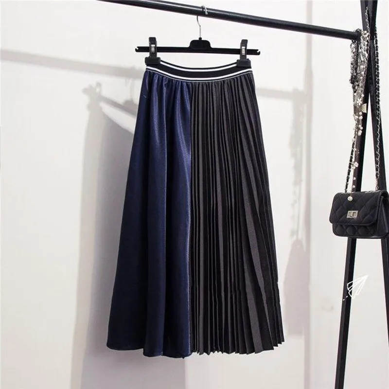 

Retro Ruffled Stitching Contrast Pleated Skirt European American Fashion Color Matching High Waist Irregular Large Swing Skirt