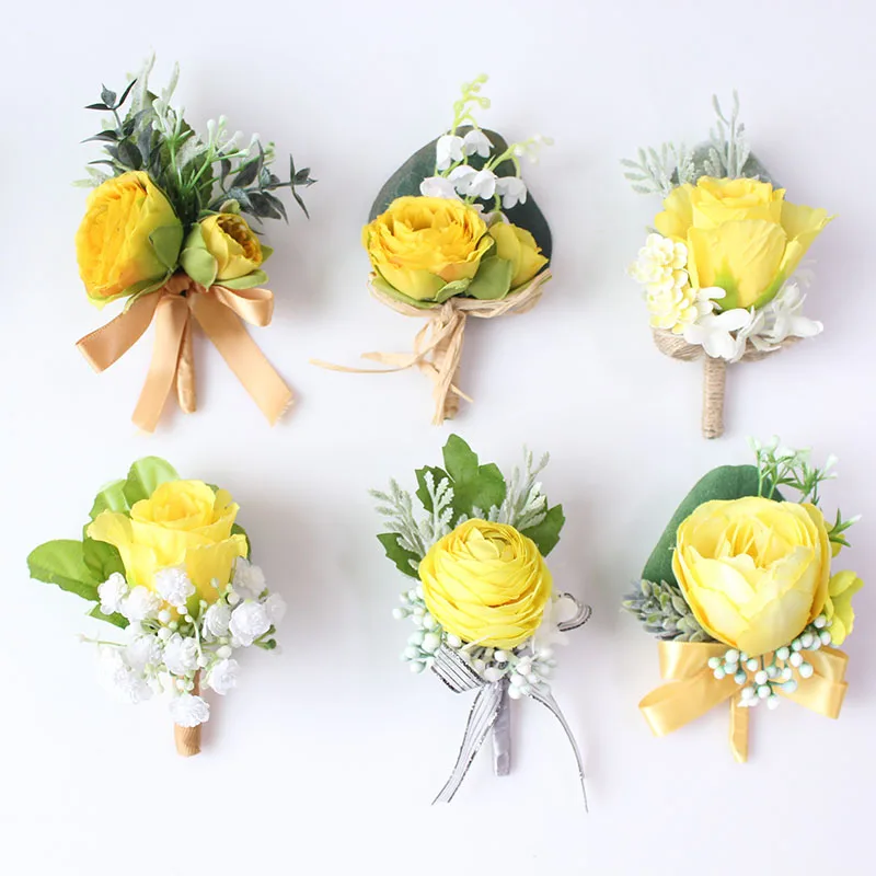 Boutonniere Flowers wedding wrist corsage flowers silk roses yellow  (26)
