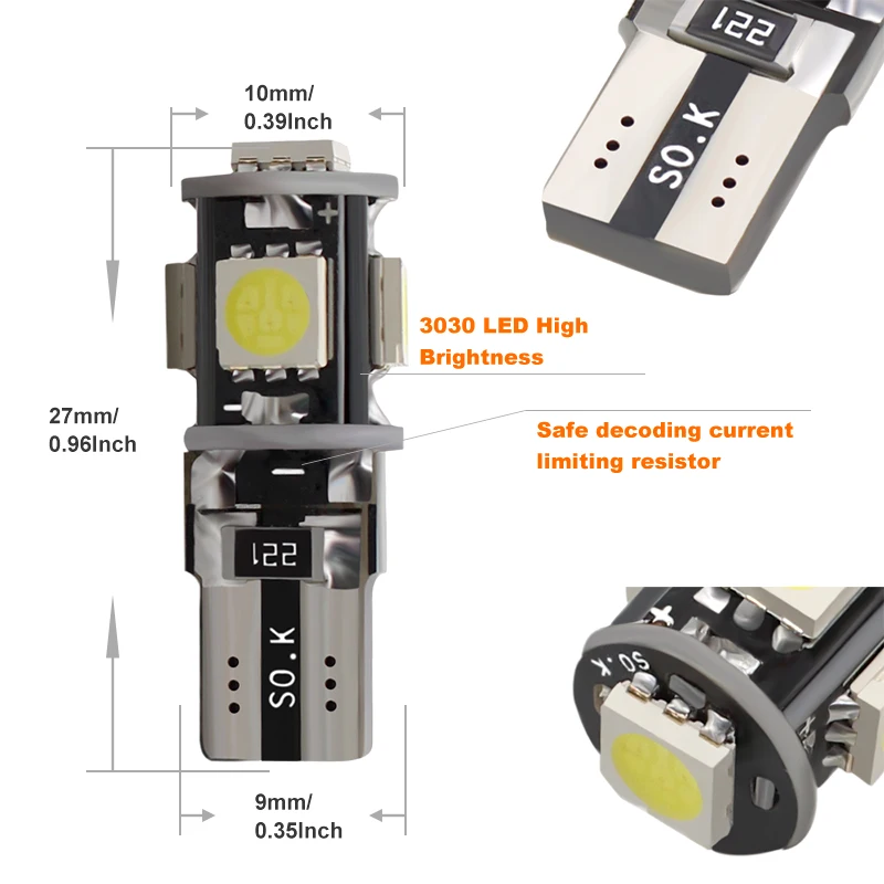 T10 LED W5W 100 168 ���� Canbus ���� ���� 194 SMD 5 SMD ��� LED �ڵ��� ����Ʈ ���� ���� ��� ���ڴ� ���� Ʈ�� ����Ʈ 12V, 5050 ��