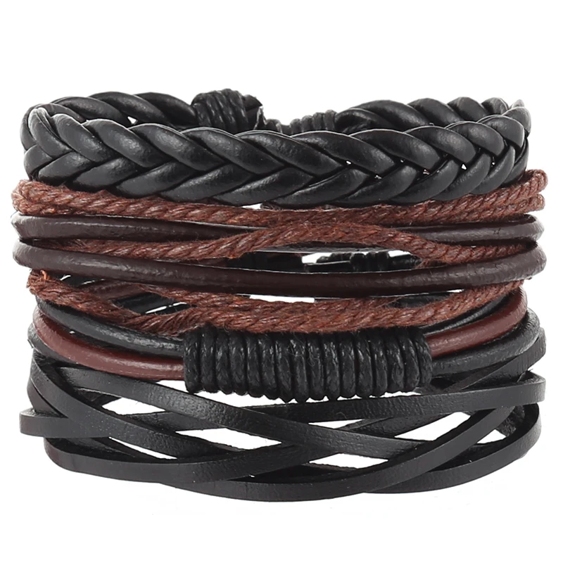 4pcs/set hippie punk black leather brown cord rope macrame knots wrap wide stackable Bracelets Bangles for man hand jewelry | Украшения и