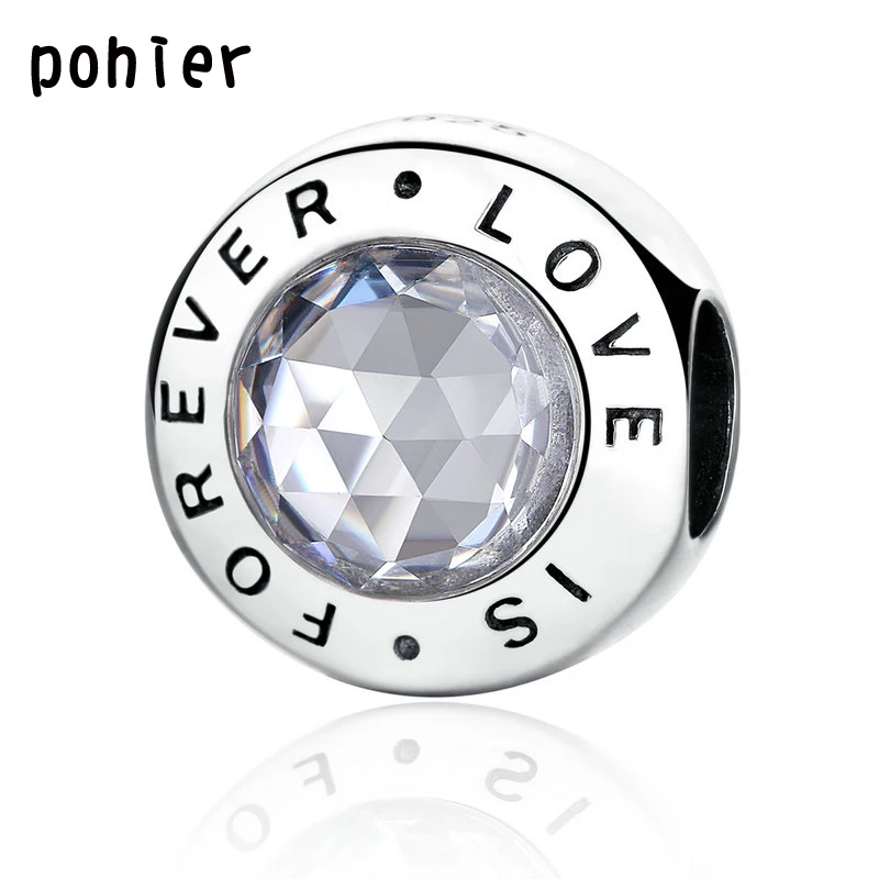 925 Sterling Silver Love Is Forever With Clear CZ Charm Beads Fit Original Pandora Bracelet Authentic Luxury DIY Jewelry Gift | Украшения и