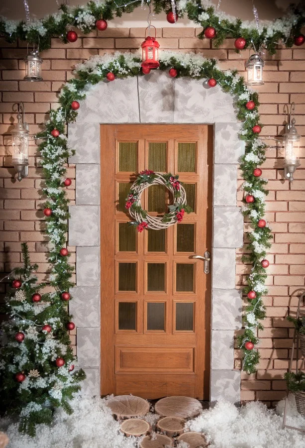 

Laeacco Photo Backdrops Christmas Ball Bauble Wreath Brick Wall Door Light Snow Child Portrait Background Photocall Photo Studio