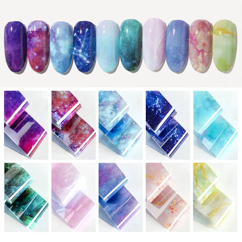 10 colors Water Marble Effect Nail Foil Paper Fantasy Rainbow Starry Sky Transfer Foil Nail Art Sticker Manicure Decorations