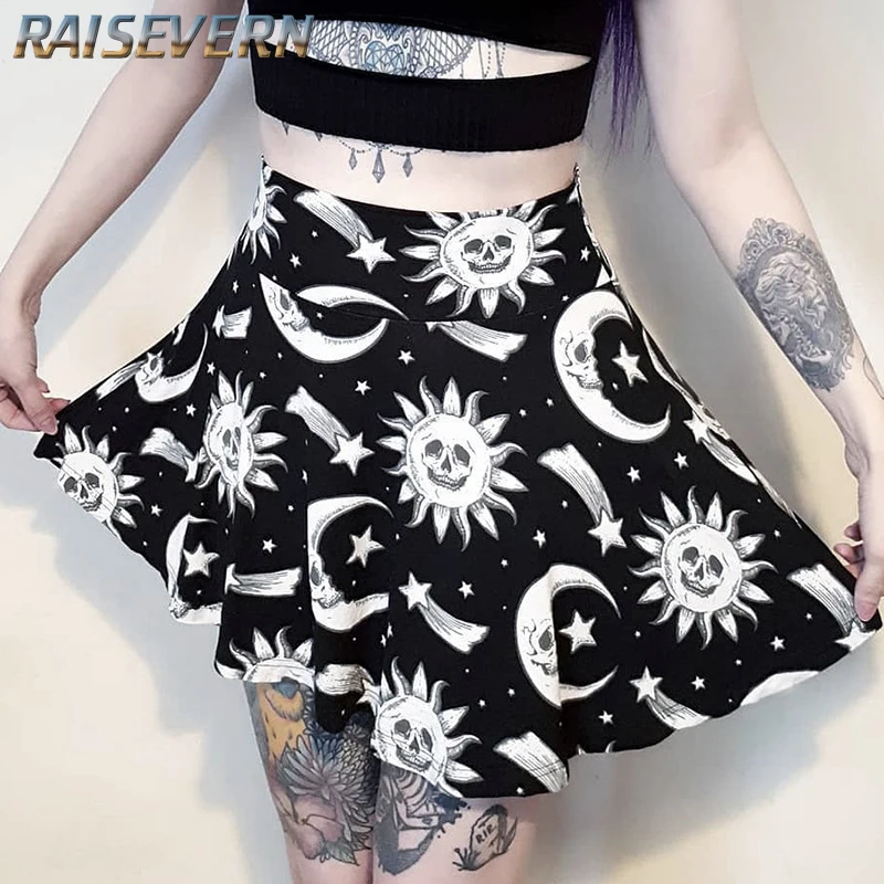 Raisvern, Женская плиссированная мини-юбка в готическом стиле, панк, летняя, черная луна, солнце, мини, высокая талия, женские юбки, Новое поступление