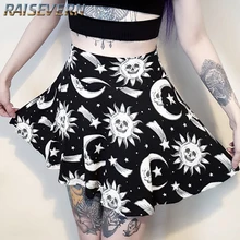 Raisvern, Женская плиссированная мини-юбка в готическом стиле, панк, летняя, черная луна, солнце, мини, высокая талия, женские юбки, Новое поступление