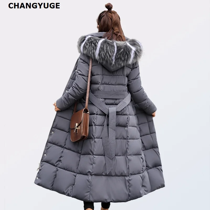 

CHANGYUGE Winter Women Ultra Light Down Jackets Slim Hooded Extra Long Women White Duck Down Padded Coats Warm Belt Down Parkas