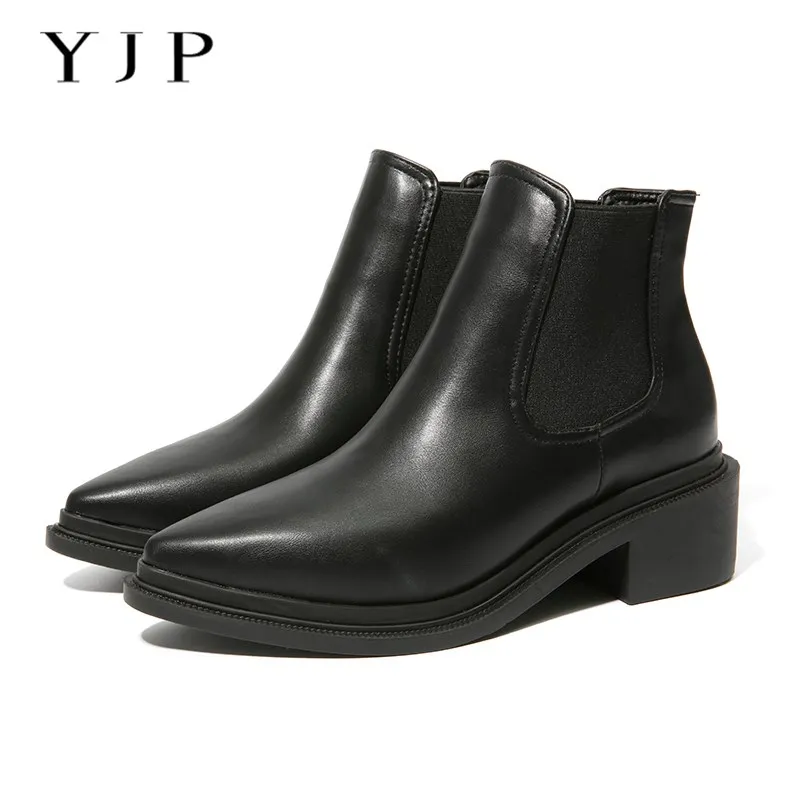 

YJP Women Pointed Toe Chelsea Ankle Boots, Black/Caramel Ladies Fall Winter Warm Boots, Solid 5cm Mid Heel Comfortable Shoes