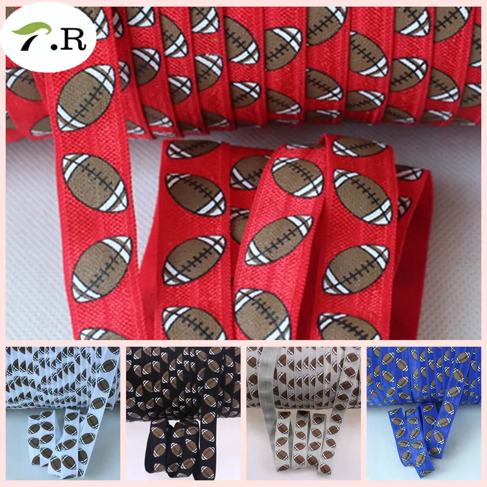 

5 colors Football printed elastic ribbons 5/8'' 15mm 50 yards/roll rugby foe elastic ribbon hair accessories