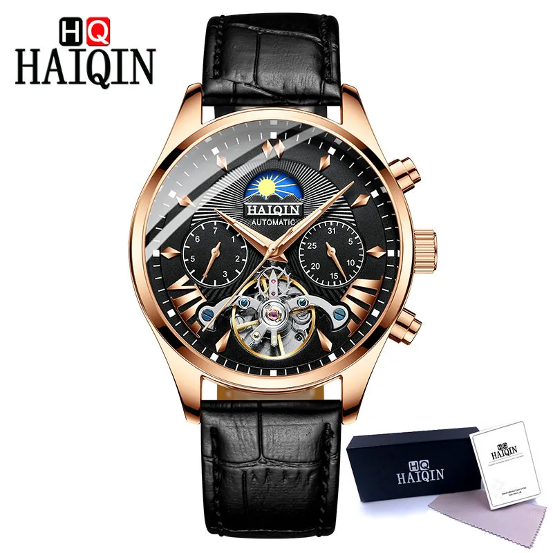HAIQIN للماء رجل توربيون الميكانيكية ووتش الجوف التلقائية ووتش الرجال القمر المرحلة ساعة اليد أعلى العلامة التجارية الفاخرة الذكور ساعة