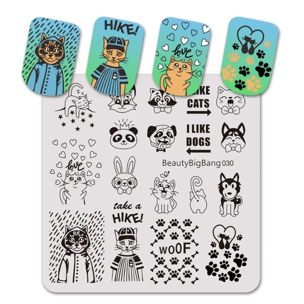 

BEAUTYBIGBANG Square Shape Cat Dog Animal Series Pattern Nail Art Stamp Stamping Template Image Plate For Nail Stamping Plates
