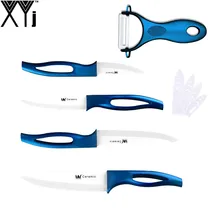 XYJ Brand Handmade Kitchen Knife 3 Inch 4 Inch 5 Inch 6 Inch Ceramic Cooking Knife + Blue Handle White Blade Peeler 5 Pcs Set