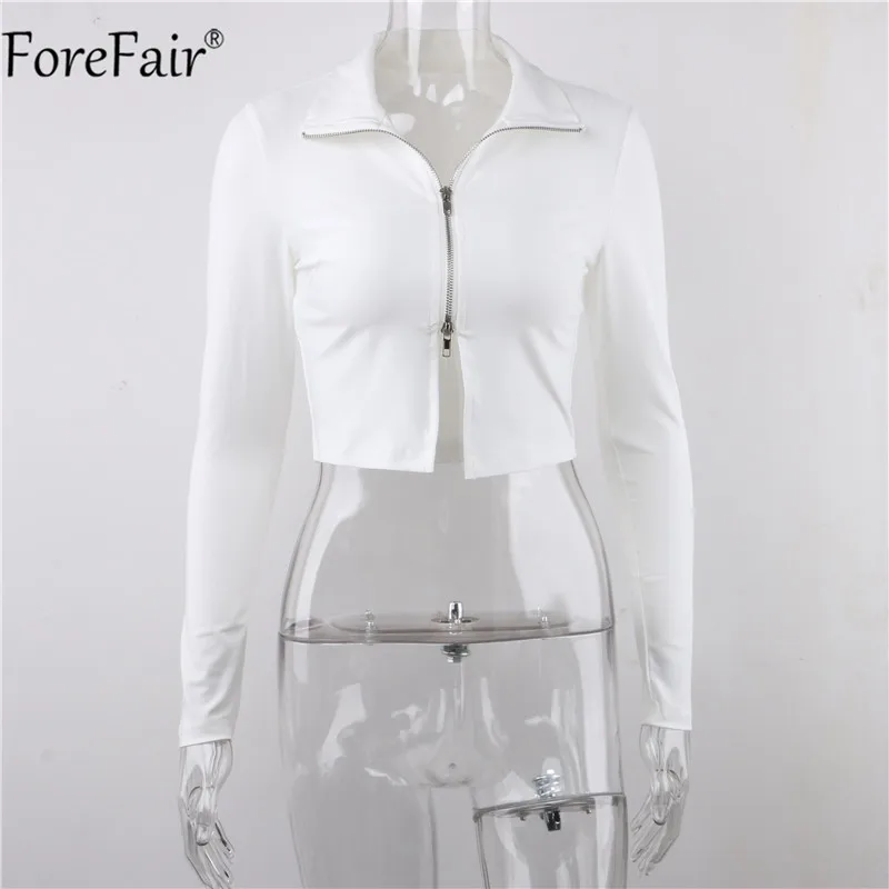 Most effective  Forefair Zipper Autumn Winter Cropped Jacket Coat Women Casual V Neck Black White Streetwear Top