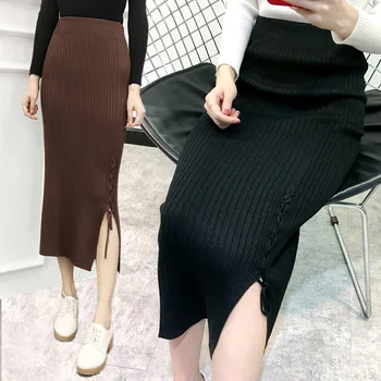 

Autumn And Winter New Korean Version With A Split High Waist Knit Slim Bag Hip Skirt Step Skirt Wool Skirt