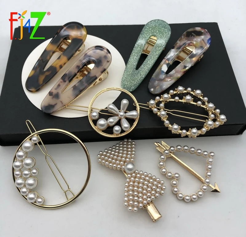 

F.J4Z Hot Pop Simulated Pearl Hair Clips Women Big Resin Hairgrips Flower Bow Love Heart Geo Hair Jewelry Palillos del pelo
