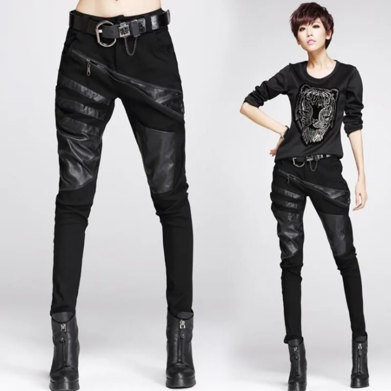 

#1312 Spring Autumn Harem Hip hop Pants Women Black Spliced PU Pants Leather Pockets Casual Black Skinny Trousers Female Joggers