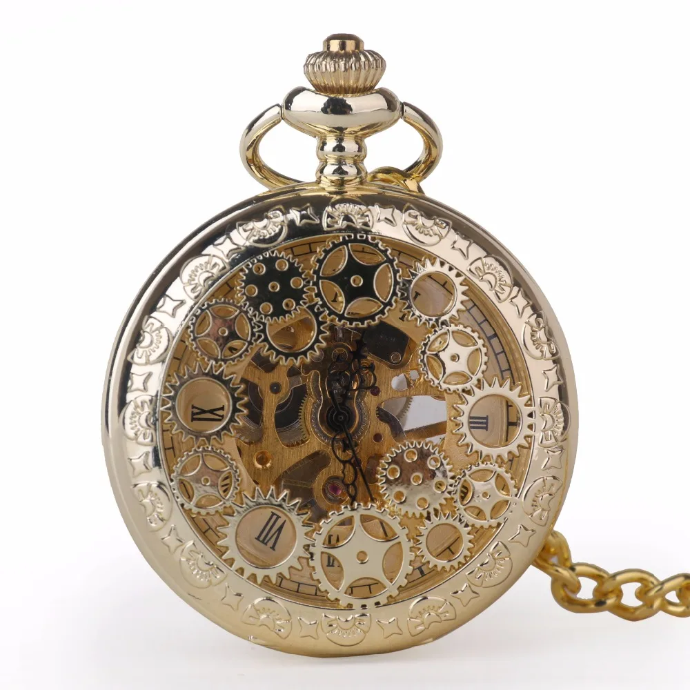 

5pcs/lot Luxury Fashion Gear Hollow Hand Wind Mechanical Pocket Watch Men Women Pendant Chain Fob Watch