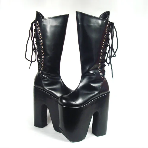 

20CM Winter Women Boots Punk Leather Boots High Platform Shoes After Lace Up Ultra High Heels Boots Knee High Motorcycle Boots