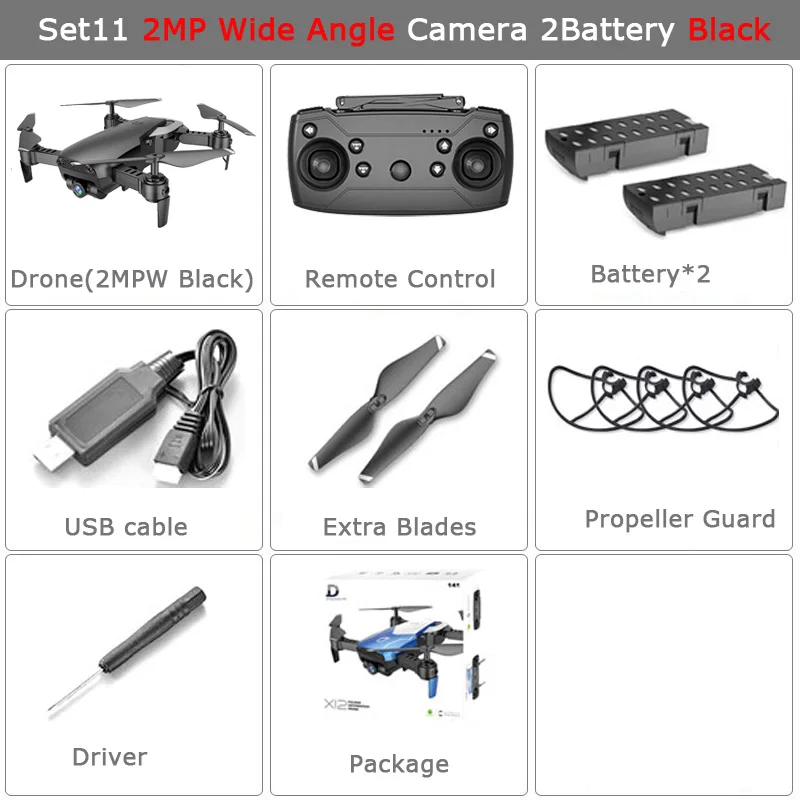 X12 Радиоуправляемый Дрон с 0.3MP/2MP широкоугольной камерой Wi-Fi FPV Радиоуправляемый Дрон один ключ возврат высоты RC Квадрокоптер VS XS809S XS809HW - Цвет: Set11 2MPW 2B Black