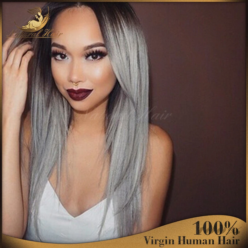 7A Ombre Wigs Grey Hair Straight Virgin Hair Middle Part Full Lace Wigs Lace Front Wigs Grey