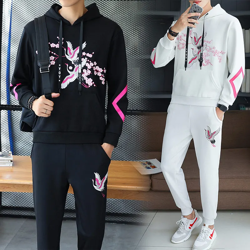Men's tide men's winter thickening plus velvet two-piece suit long-sleeved sweater casual sports hooded printed Hoodies suit