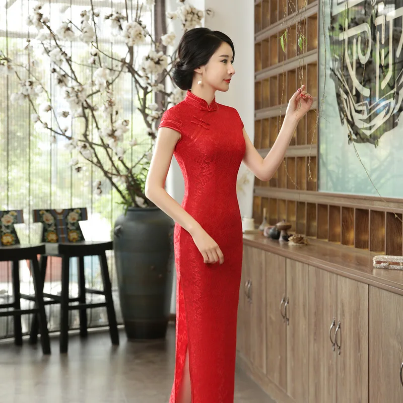 Китайский Чонсам Ципао китайский женский халат Красное Кружевное тонкое винтажное модное платье с принтом женские Традиционные вечерние свадебная одежда