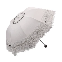 Women’s Princess Dome/Birdcage Sun/Rain Folding Umbrella For Wedding Lace Trim beige
