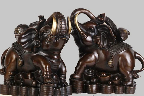 

shitou 002640 China Folk Bronze Copper Fengshui Yuanbao Wealth Ruyi Gourd Elephant Statue Pair discount 30% (C0324)