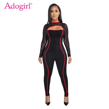 

Adogirl Sheer Mesh Patchwork Bandage Jumpsuit Women Sexy Cutout Long Sleeve Casual Skinny Romper Night Club Party Overalls