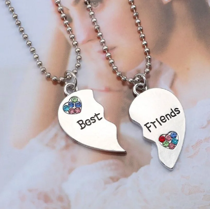 

Best friends good friend letter heart shaped colorful drill two stitching necklace fashion personality alloy clavicle Chain Pend