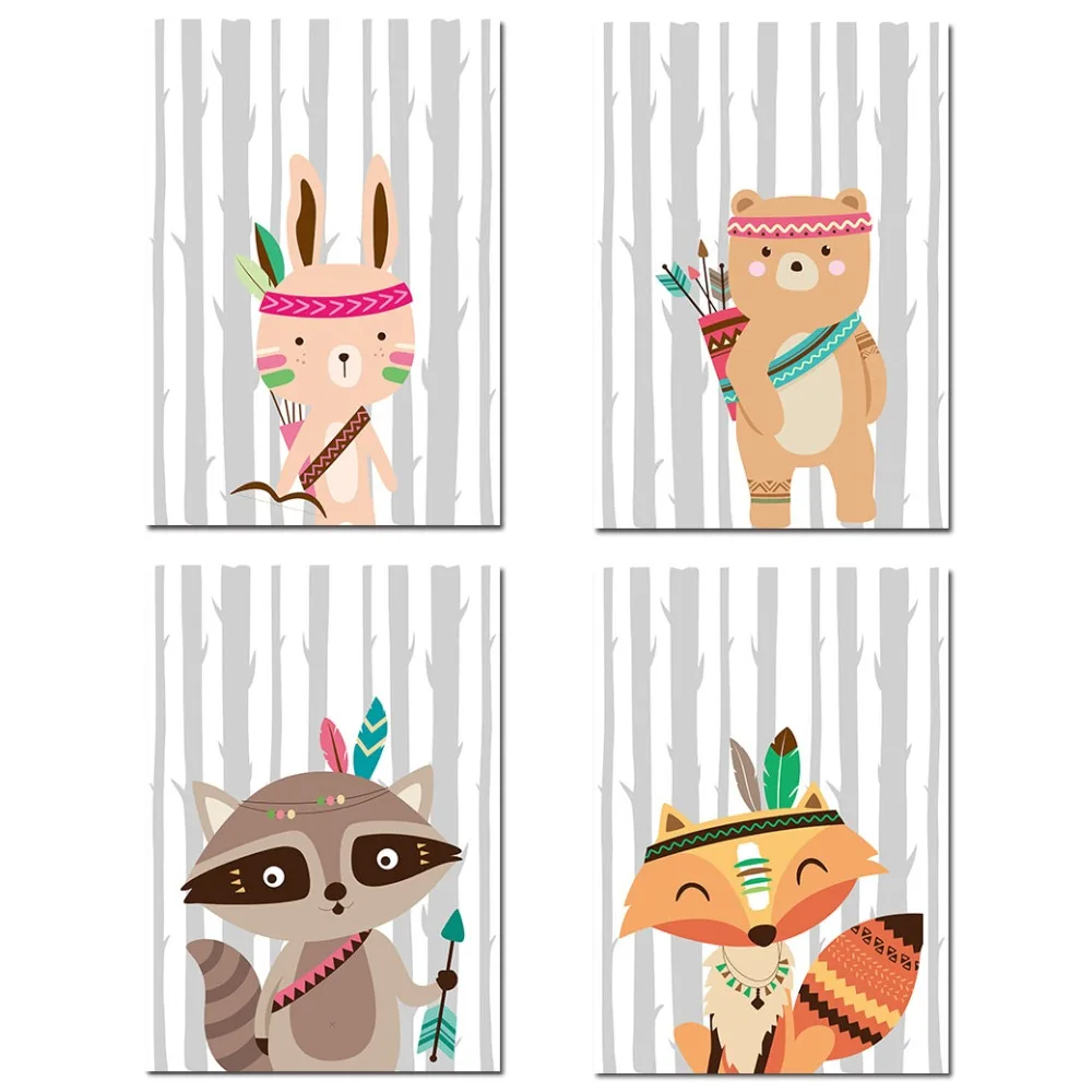 Племени Лесной камуфляж в виде медведя из мультфильма лисы Wall Art Холст Nordic плакат