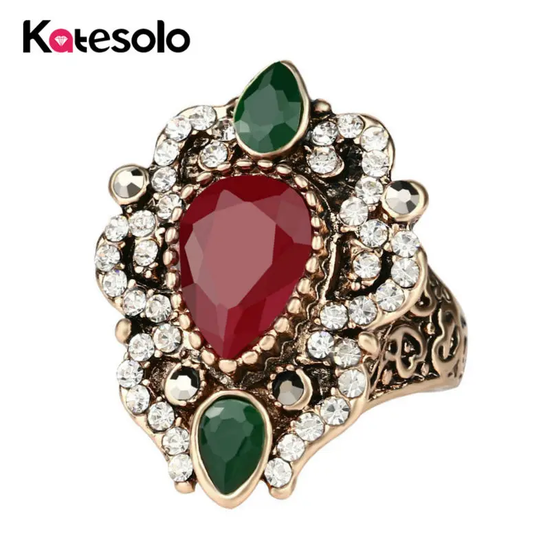 

2017 Turkish Ring Antique Gold Color Unique Royal Jewelry Flower Design Mosaic Red Green Resin Bead Crystal Ring For Women